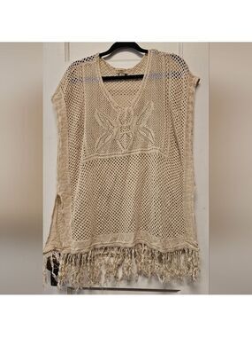 One World Beige Knit Poncho with Fringe Size 2XL